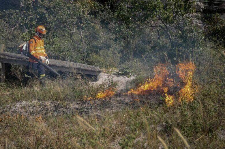 Bombeiros realizam queima prescrita para preservação do Cerrado em Chapada dos Guimarães
