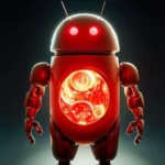 Robo do android com luzes vermelhas saindo dos olhos em fundo acizentado
