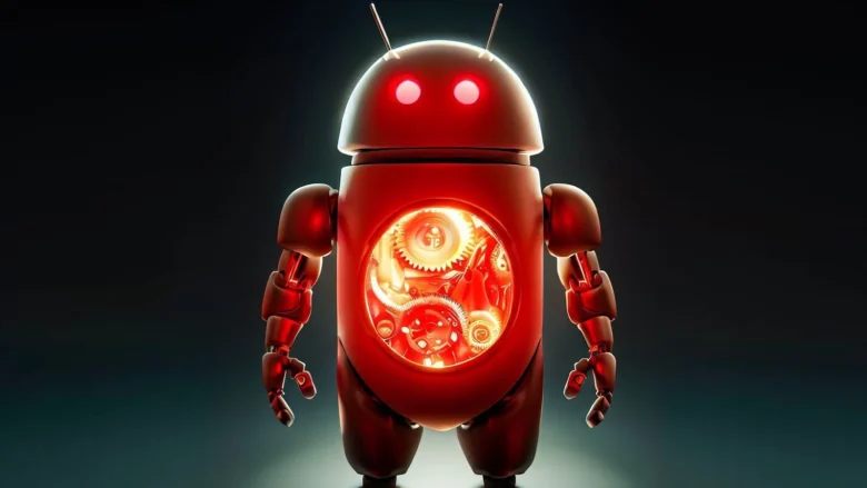 Robo do android com luzes vermelhas saindo dos olhos em fundo acizentado