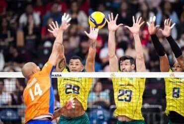 seleção brasileira masculina de vôlei vence holanda de virada, por 3 a 1, em primeiro duelo da terceira semana classificatória da LNV, em 18/06/2024 Por: Divulgação/Volleyball World