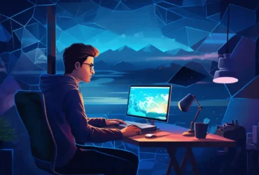 freelancer em fundo azul estetico