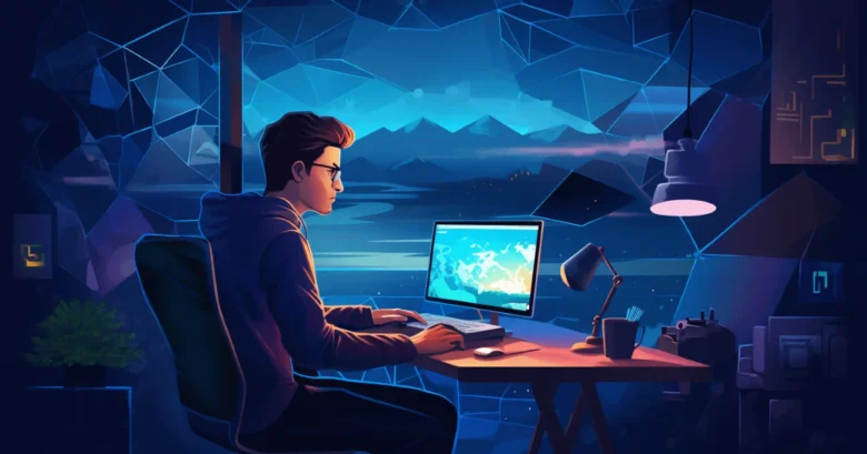 freelancer em fundo azul estetico