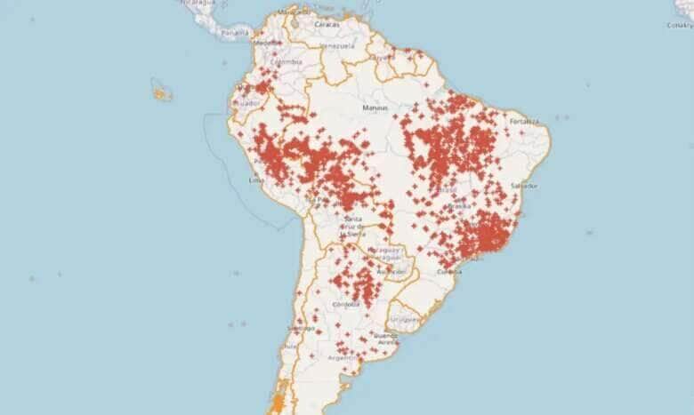 Brasília (DF), 14/09/2024 - Mapa de queimadas na América do Sul e Brasil. Foto: terrabrasilis/reprodução