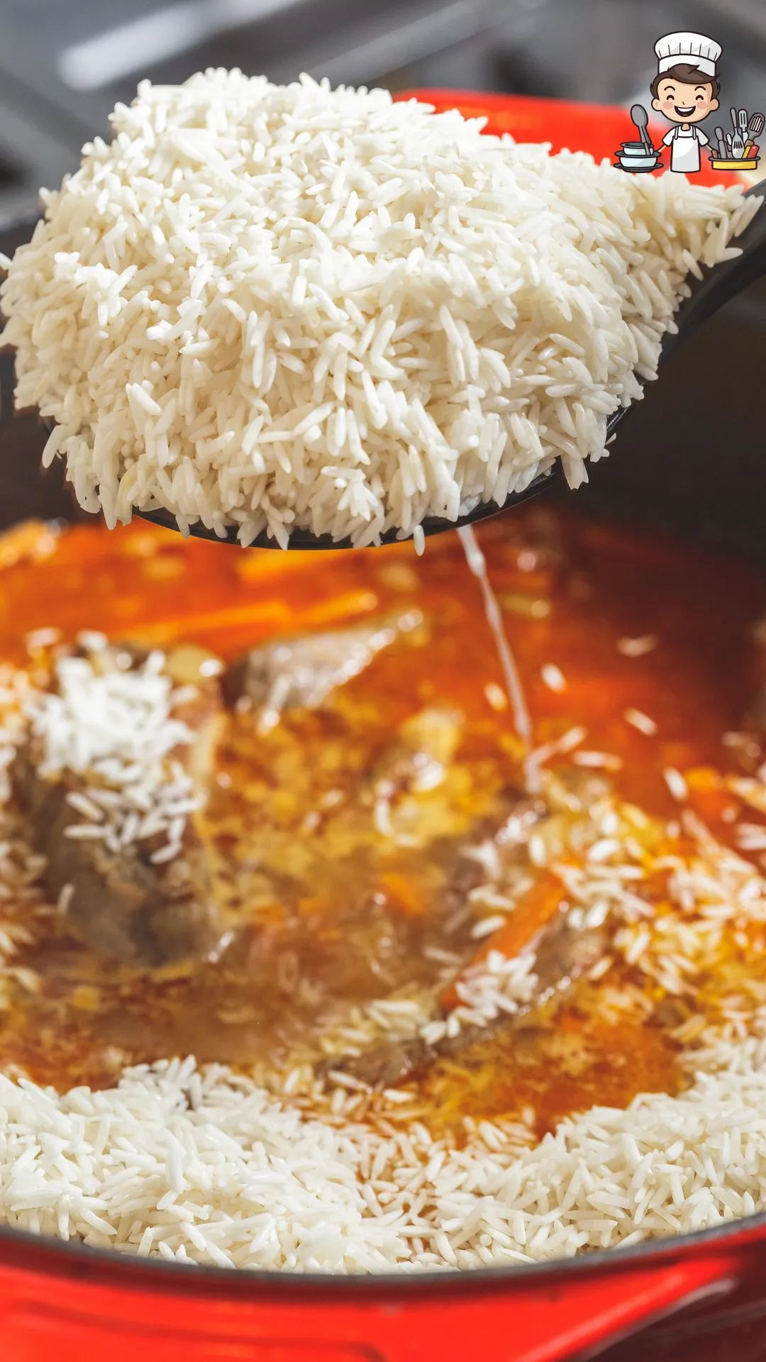 Receita prática de Galinhada tudo em uma panela 86 Panela com o arroz sendo adicionado