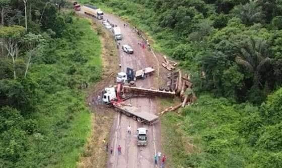 Carreta carregada com toras tomba e interdita rodovia MT-140 