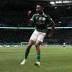 O jogador Estêvão, da SE Palmeiras, comemora seu gol contra a equipe do Grêmio FBPA, durante partida válida pela trigésima terceira rodada, do Campeonato Brasileiro, Série A, na arena Allianz Parque.