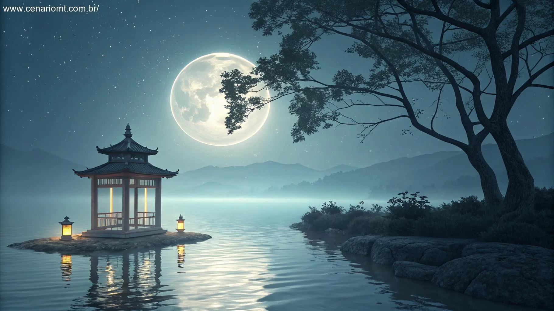 Espaço tranquilo e reflexivo sob a luz da lua, com a luz suave iluminando a superfície da água calma, evocando a energia tranquila da lua para Câncer hoje