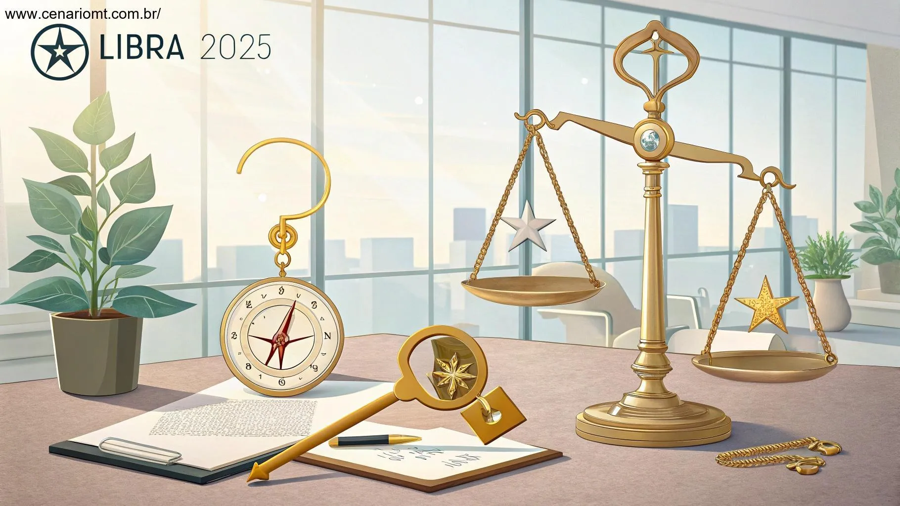 Cena profissional e tranquila representando a carreira de Libra em 01/02/2025, com símbolos de sucesso e equilíbrio no ambiente de trabalho.