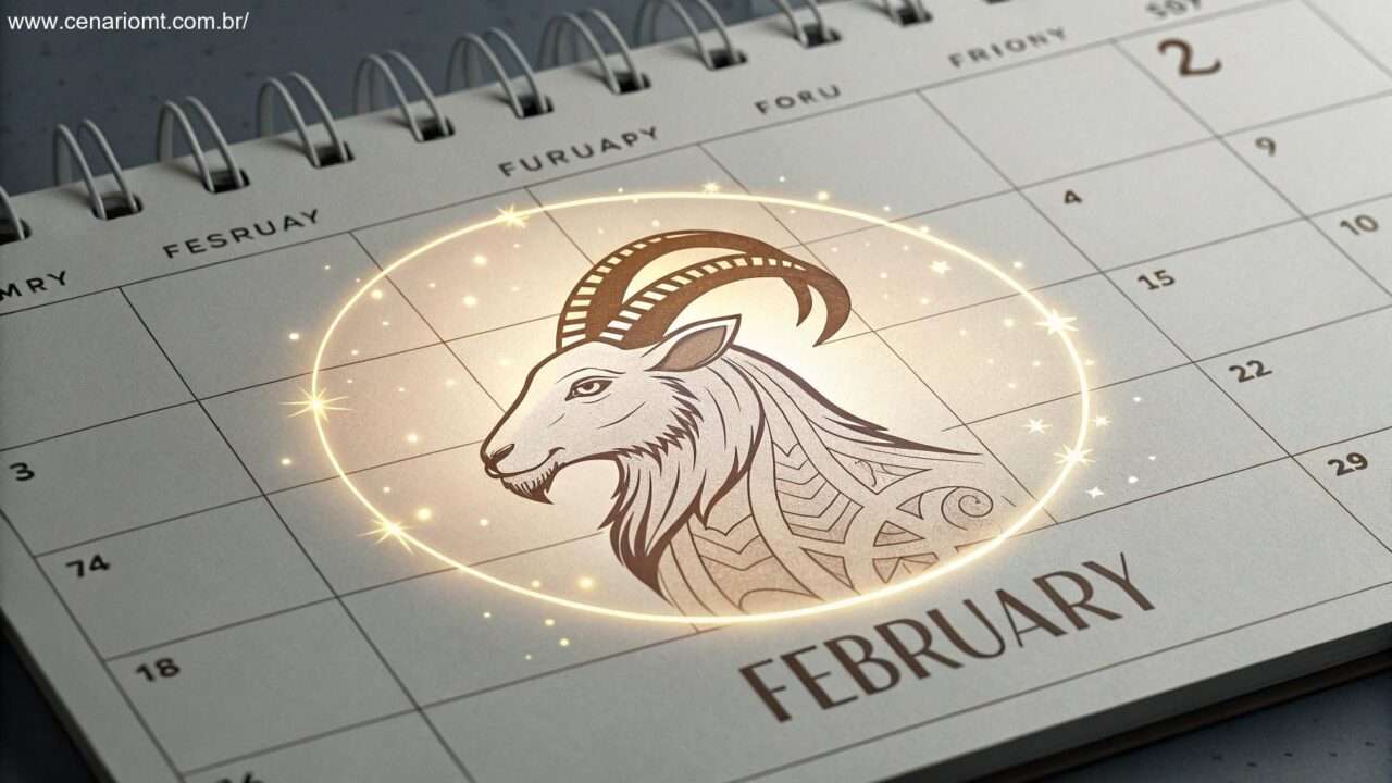 Símbolo de Capricórnio com uma aura brilhante e uma página de calendário de fevereiro, simbolizando a preparação para o próximo mês.