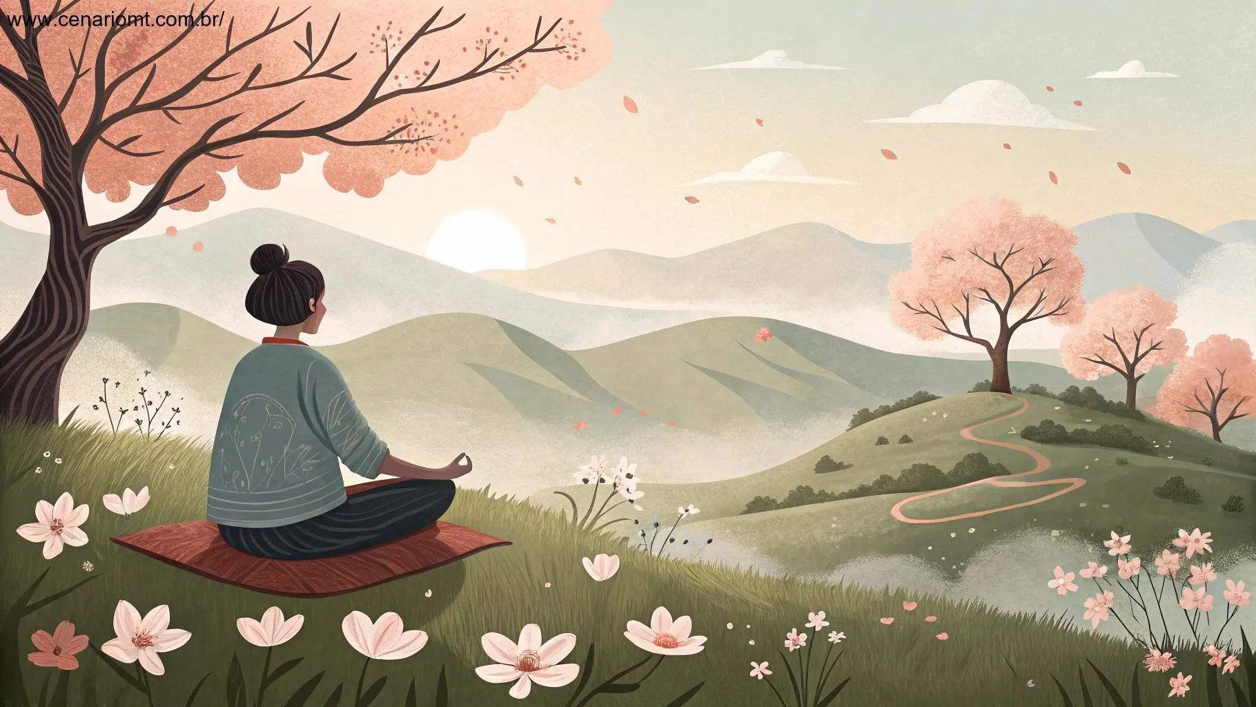 Pessoa sentada em uma pose meditativa, rodeada por uma natureza suave, simbolizando resiliência emocional e como lidar com desafios
