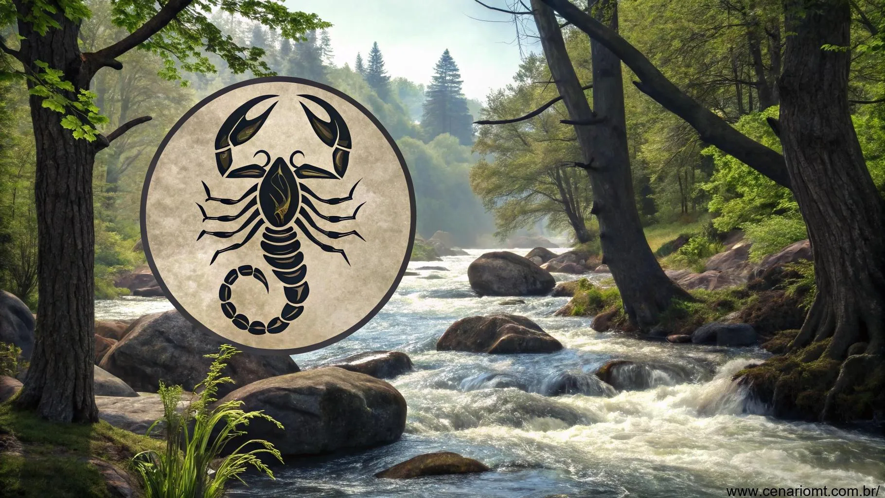 Como lidar com os desafios diários para Escorpião com o símbolo do signo rodeado por natureza.