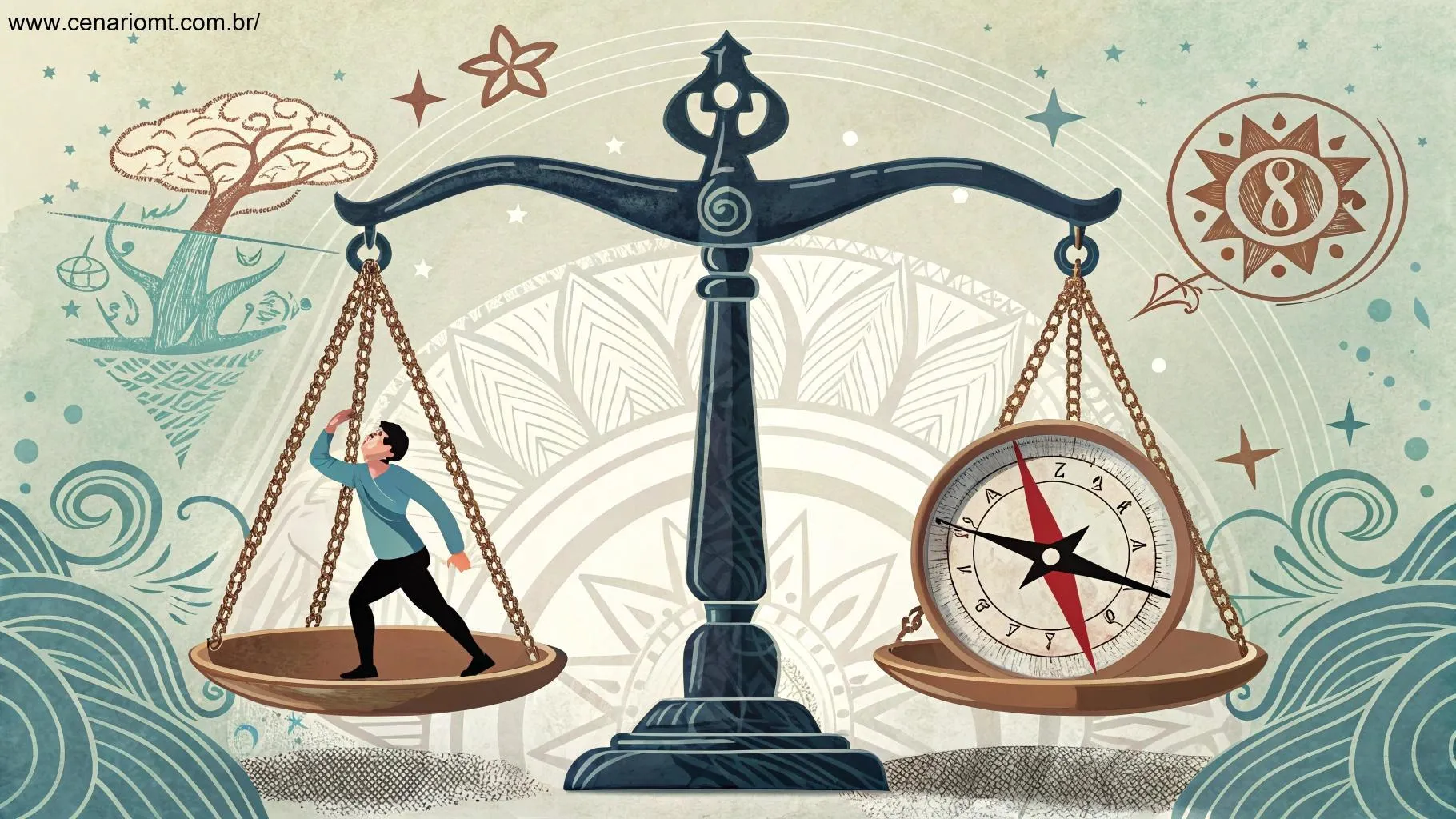 Imagem representando como Libra deve lidar com desafios em 01/02/2025, com símbolos de força e perseverança.