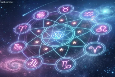 Signos do zodíaco entrelaçados e brilhantes cercados por energia estrelada, simbolizando conexões entre diferentes signos astrológicos.