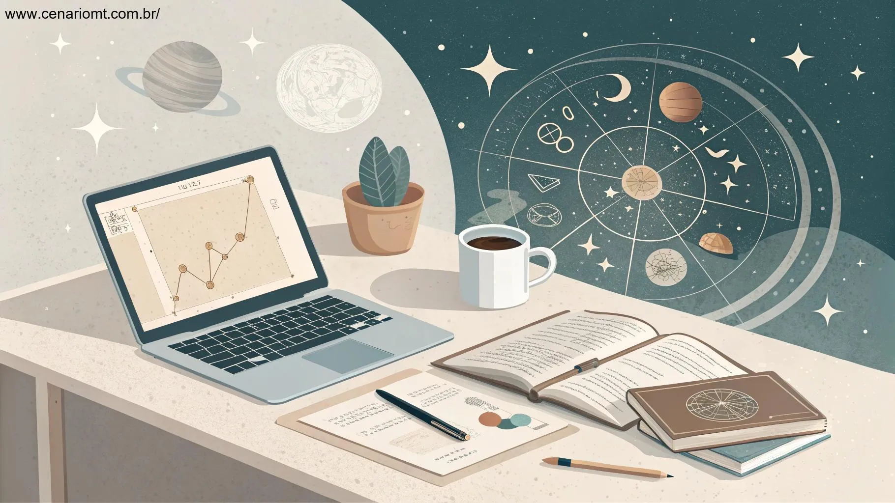 Mesa de escritório com laptop, papéis e uma caneca de café, simbolizando desafios profissionais, com tema astrológico ao fundo.