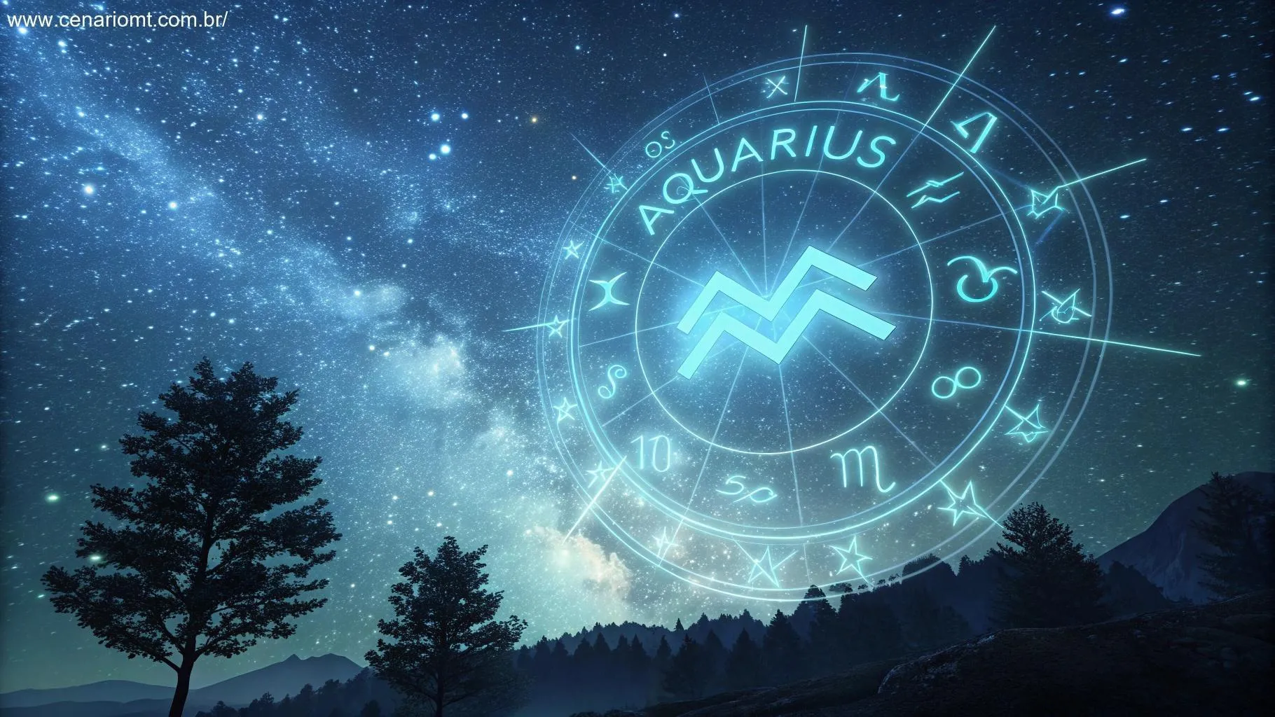 Anjo Uriel traz sorte e prosperidade para Aquário a partir de hoje, 8/03 2 Cena mística mostrando o símbolo de Aquário brilhando no céu noturno, cercado por estrelas brilhantes e padrões abstratos, simbolizando orientação e insights extras para os aquarianos.