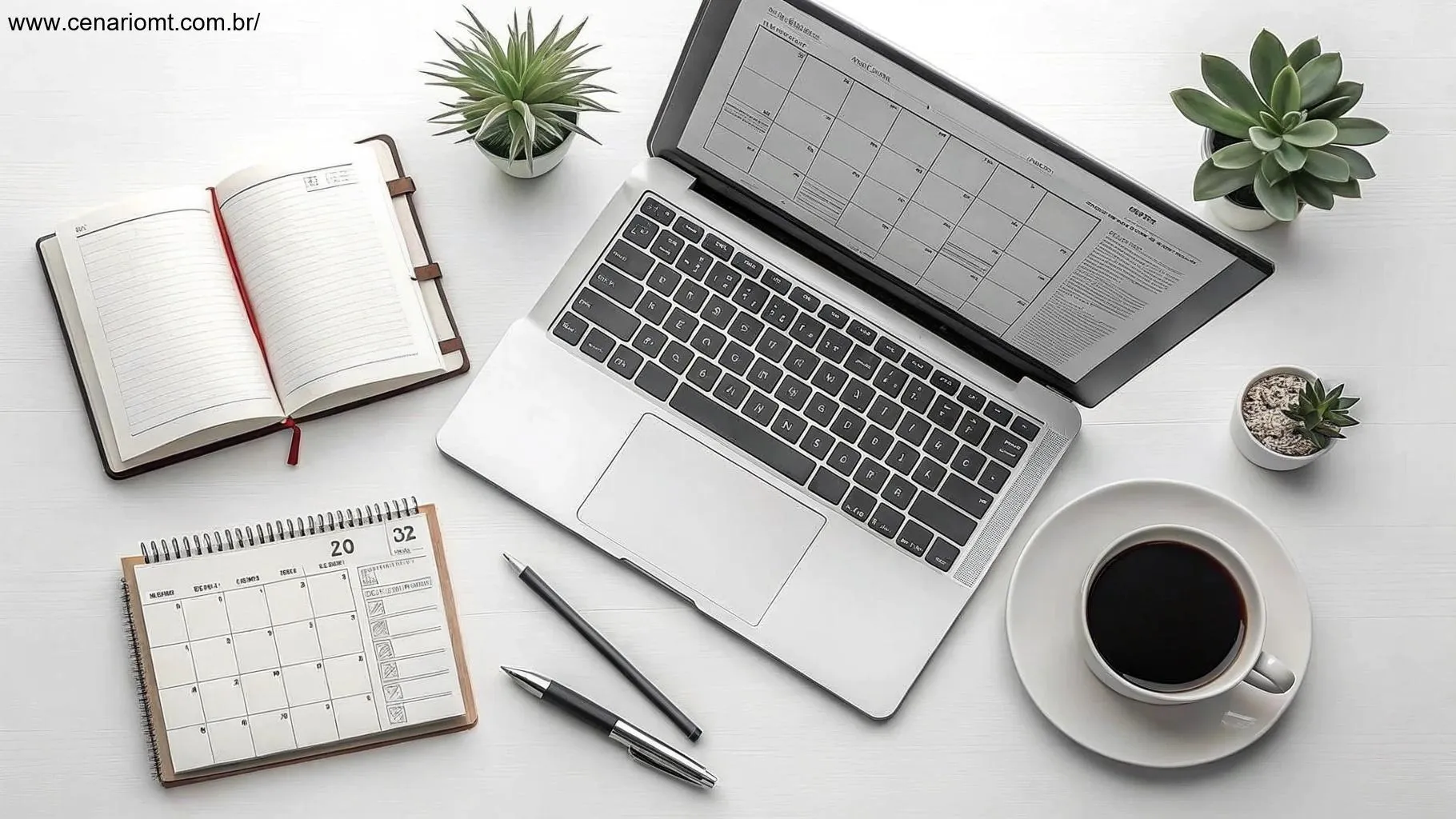 Mesa limpa e organizada com laptop, agenda e uma xícara de café, simbolizando um dia produtivo pela frente.