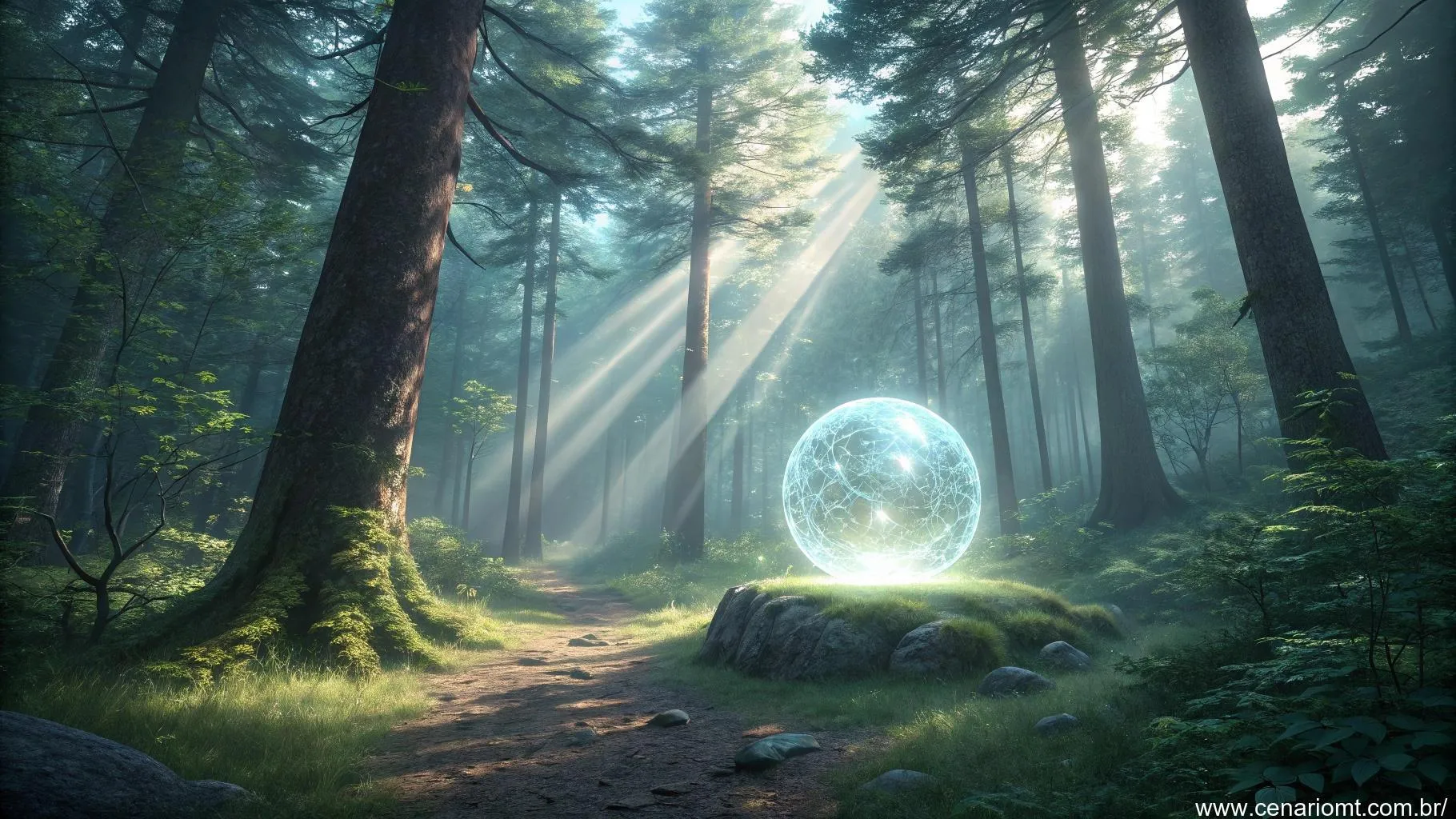 Cena mística com uma esfera de energia brilhante em uma clareira de floresta.