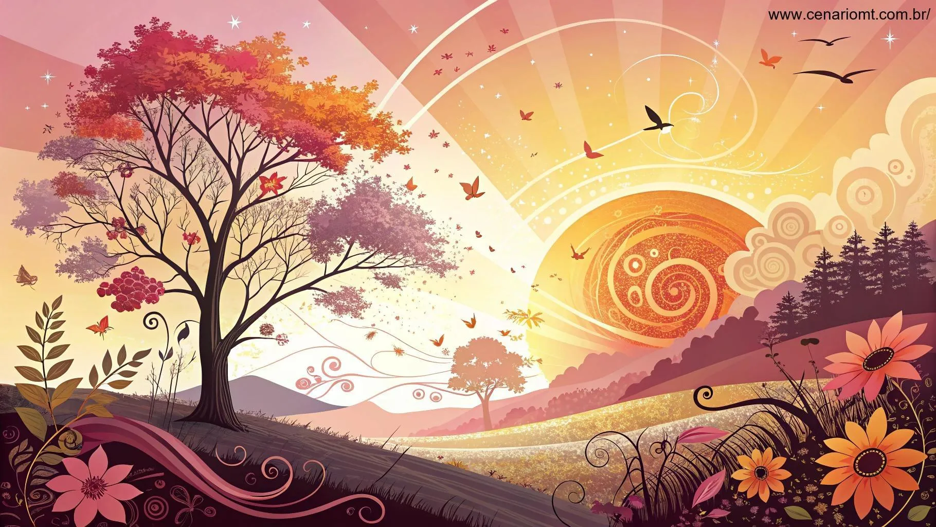 Arte digital vibrante e dinâmica retratando a energia geral do dia, misturando elementos de nascer do sol, natureza e positividade abstrata