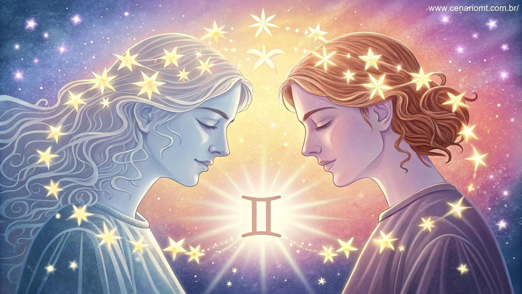 Representação dos gêmeos de Gêmeos com estrelas brilhantes.