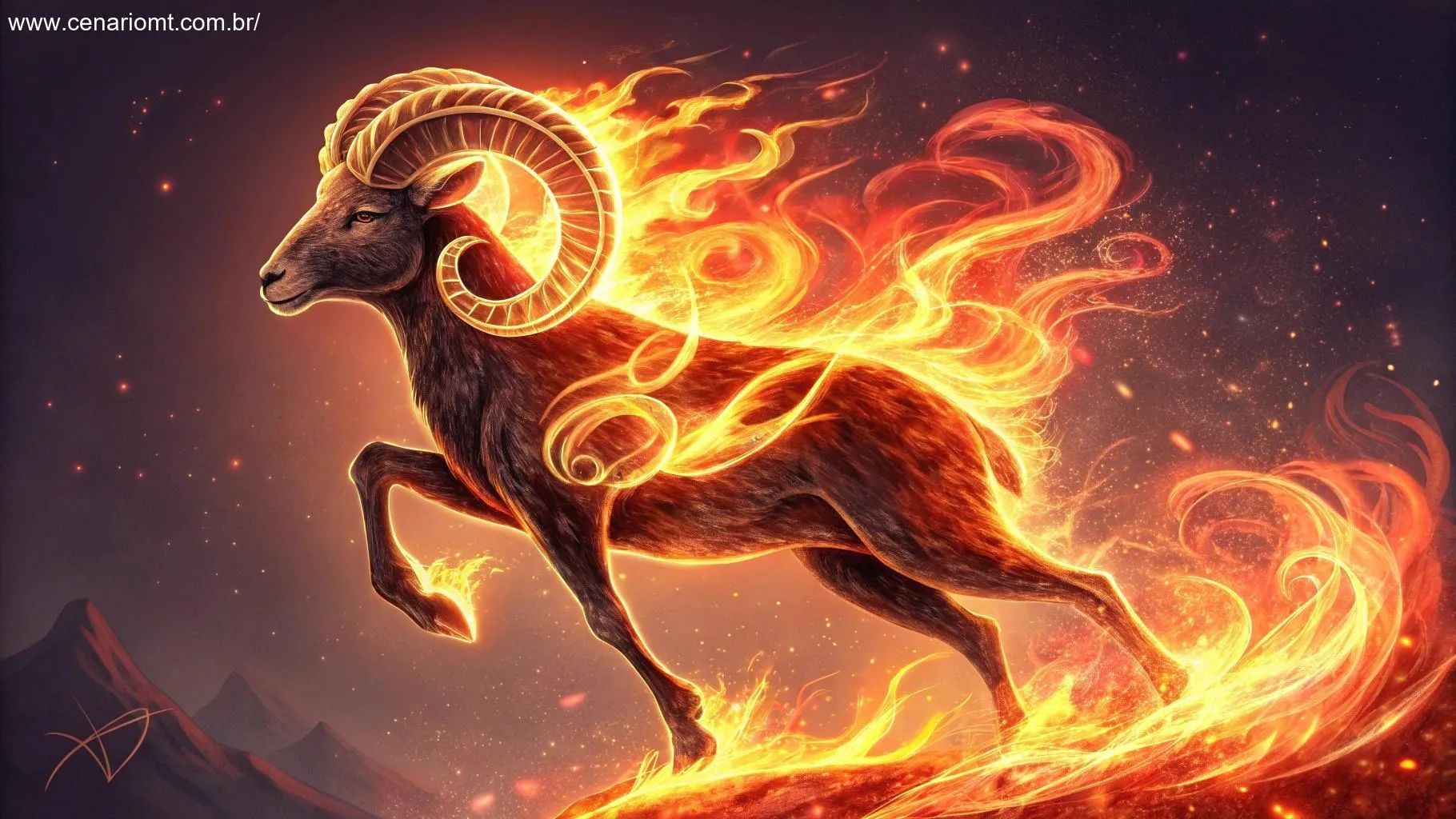 Símbolo de Áries vibrante cercado por chamas e padrões dinâmicos, representando energia geral e paixão.