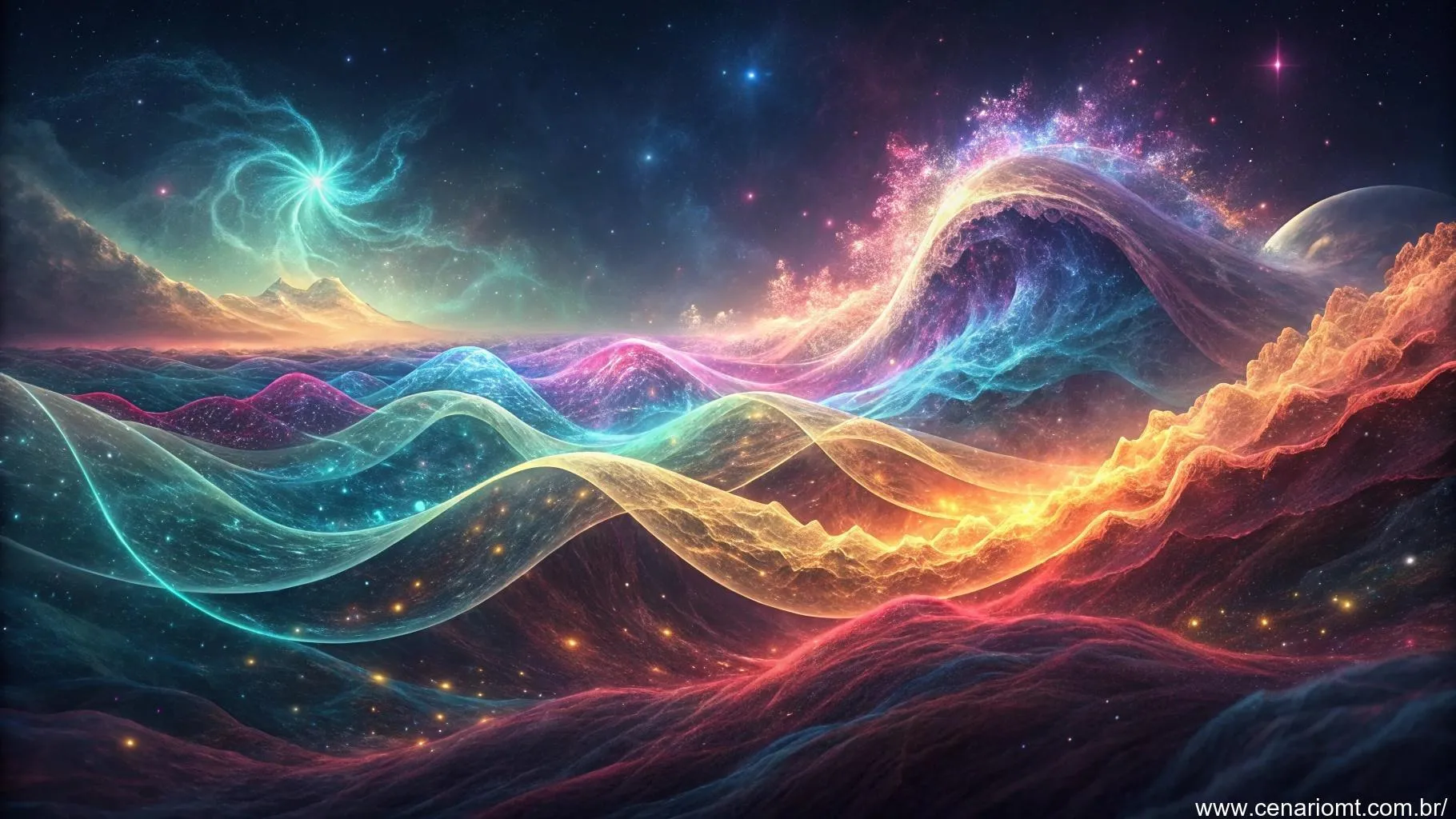 Ondas de energia brilhante em cores vibrantes fluindo em um cenário cósmico.