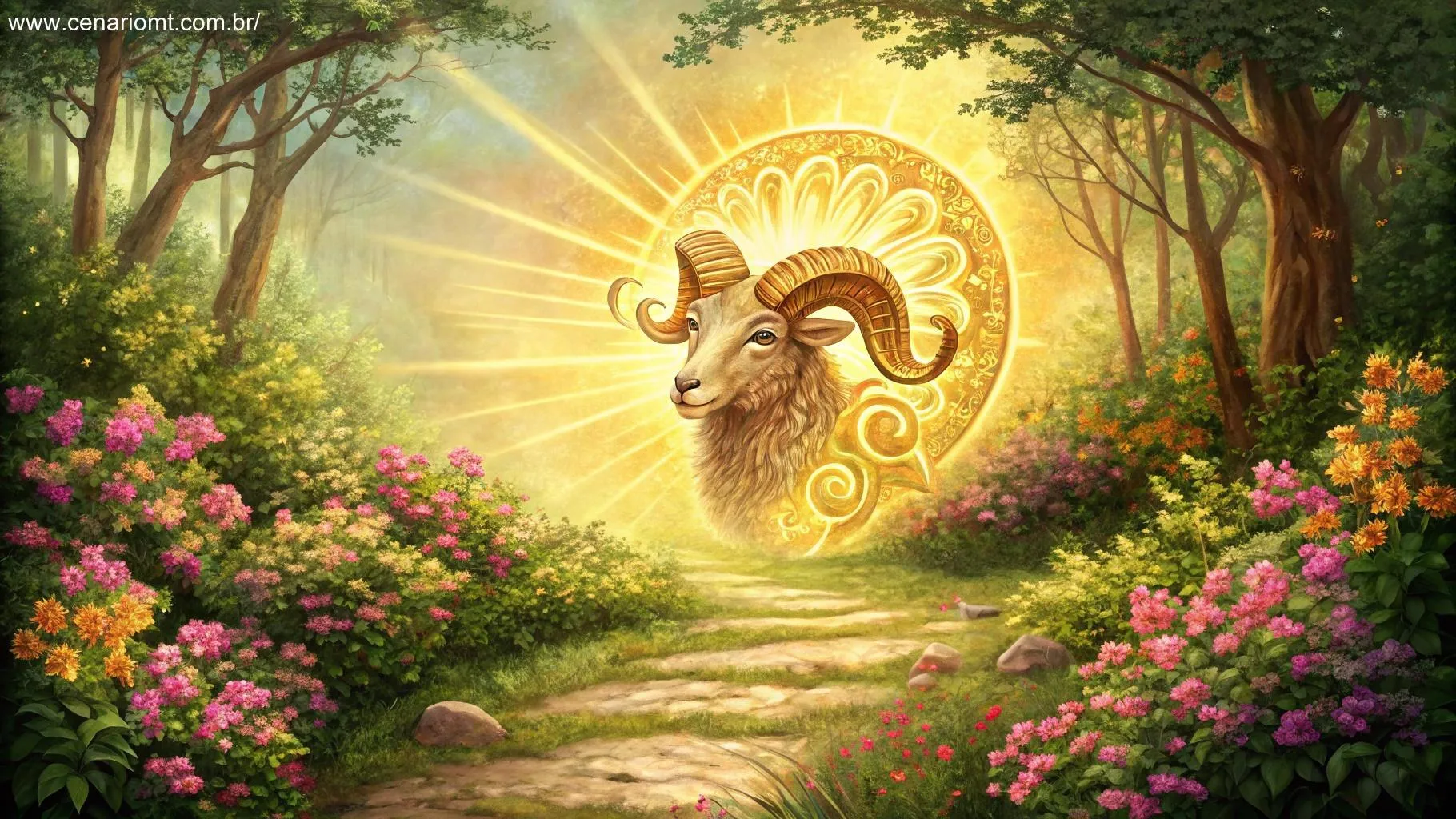 Representação da prosperidade e oportunidades para Áries com luz dourada e natureza abundante.