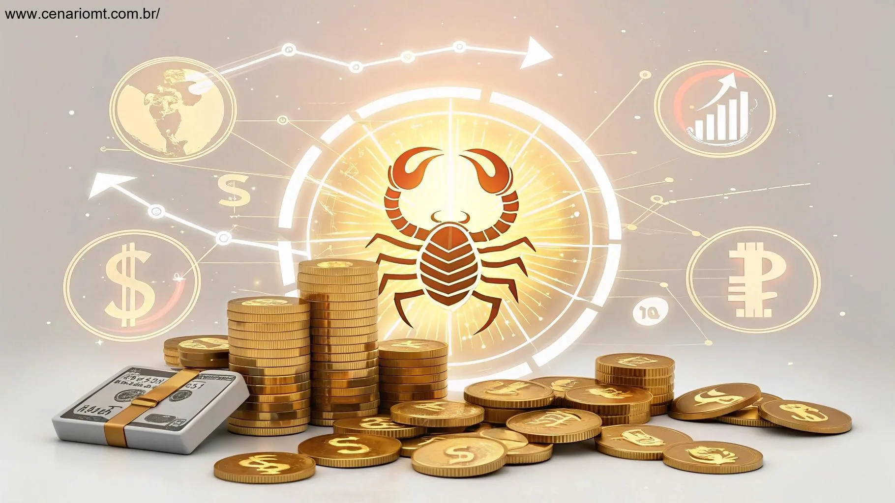 Expectativas de sucesso financeiro para Escorpião com símbolos de moedas e prosperidade.