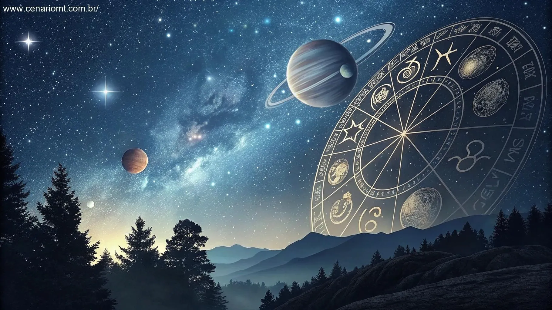 Ilustração com tema celestial mostrando a influência dos astros, com um céu estrelado, roda do zodíaco e alinhamentos planetários