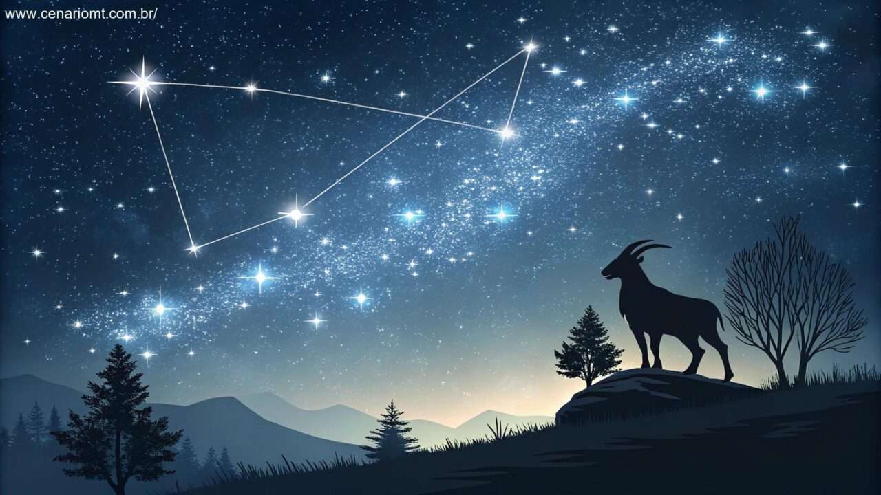 Céu estrelado com a constelação de Capricórnio, representando a influência dos astros sobre o signo.