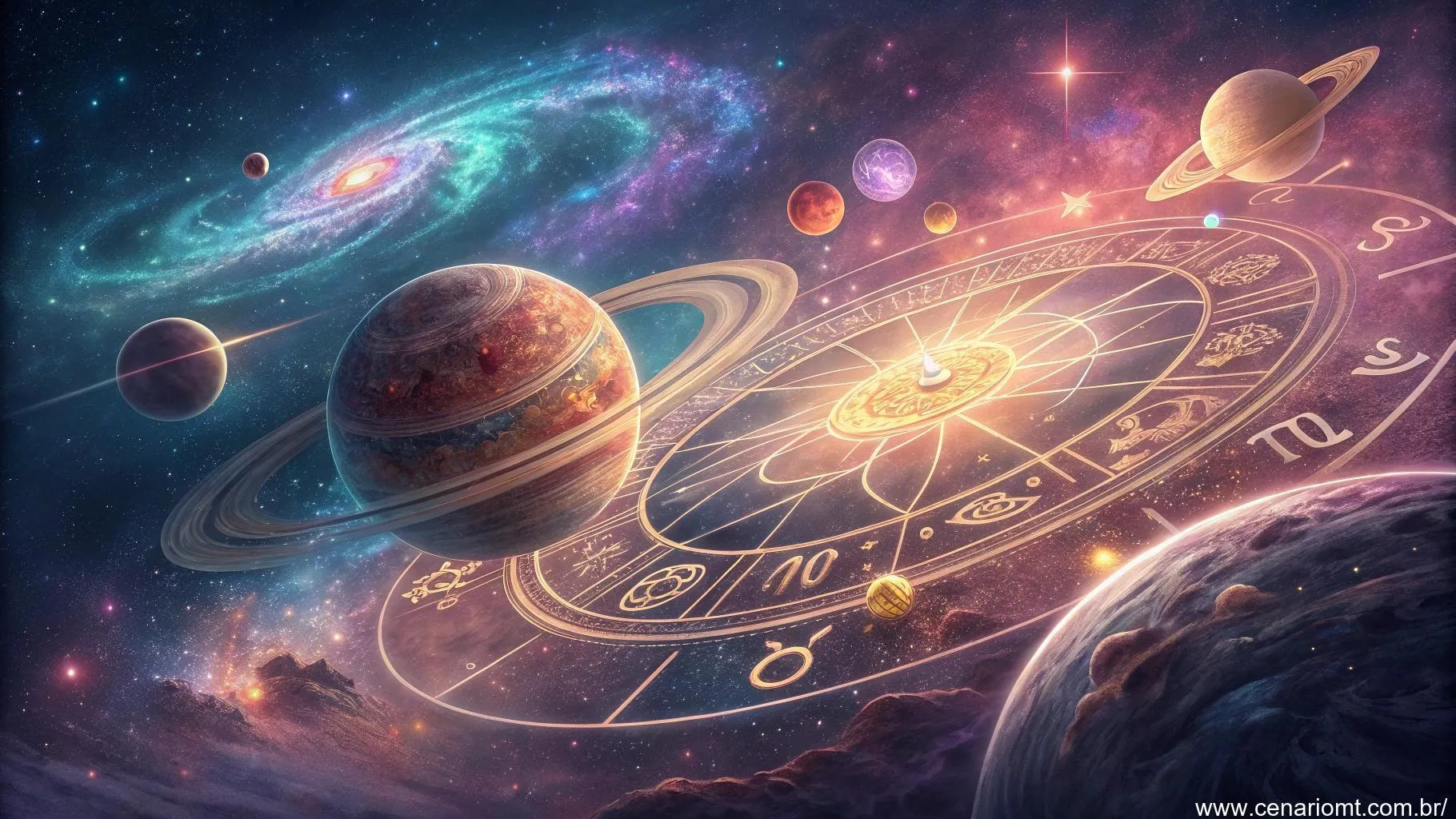 Ilustração mística de influências astrológicas com planetas e mapa do zodíaco brilhante.