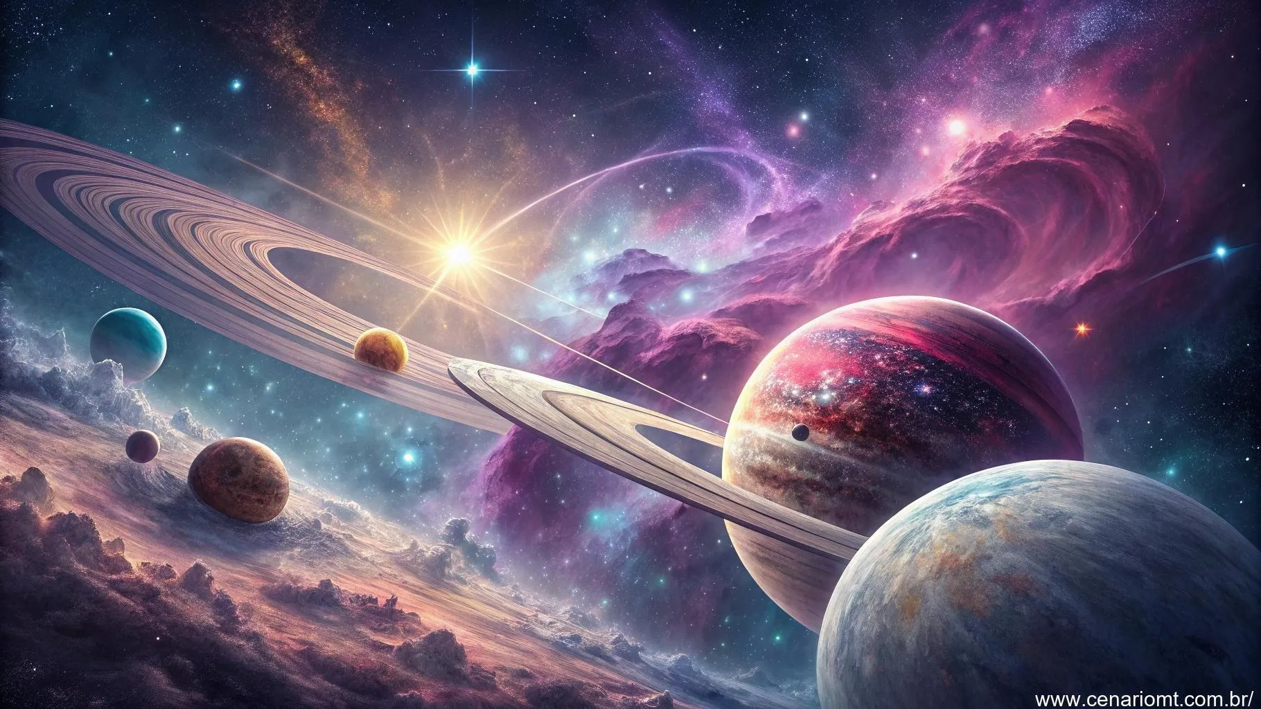 Cena cósmica com planetas e estrelas alinhados, cercados por nebulosas, simbolizando influências planetárias e energia cósmica.