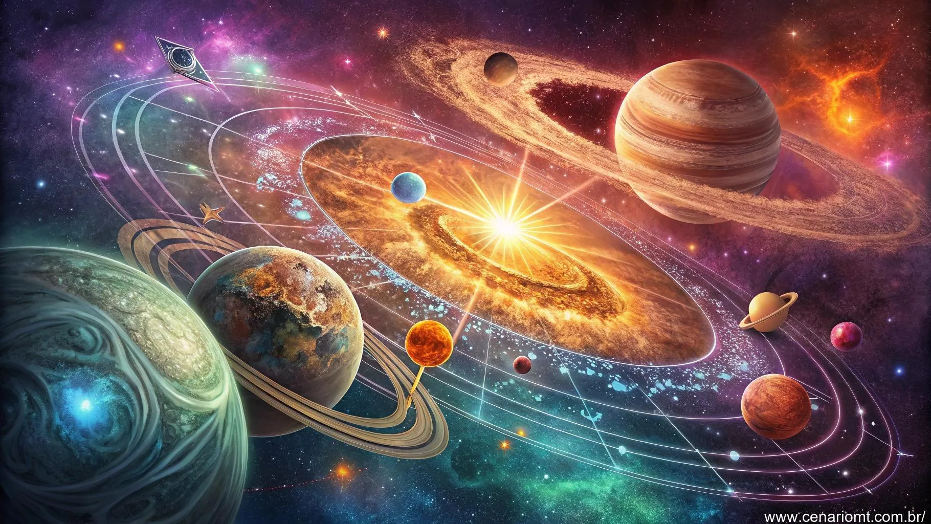 Influências planetárias vibrantes sobre um signo zodiacal com corpos celestes em movimento.