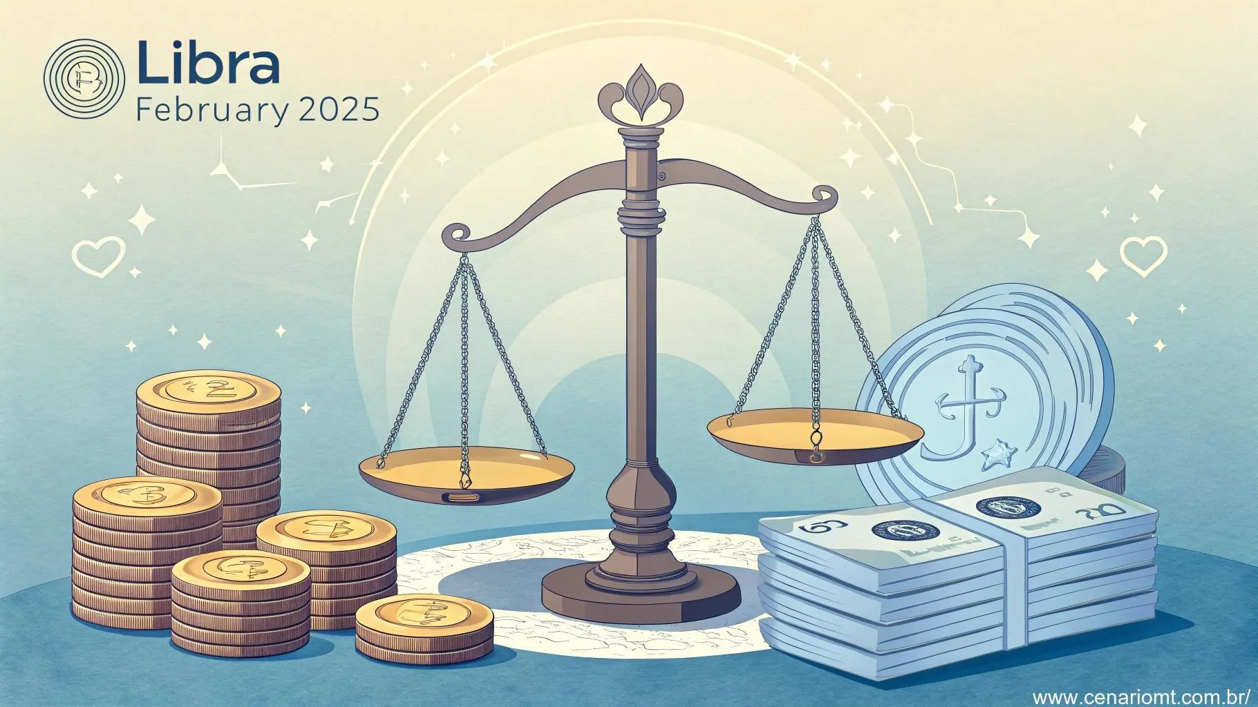 Cena financeira simbolizando as finanças de Libra em 01/02/2025, com imagens de moedas e equilíbrio.