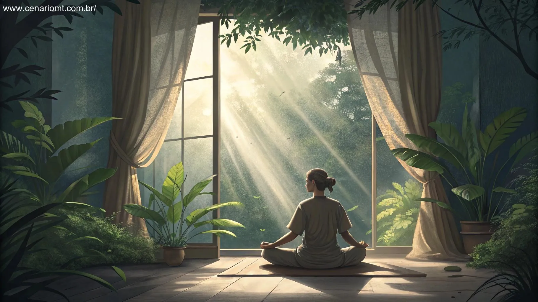 Pessoa meditando em um ambiente calmo e tranquilo, com luz suave entrando pela janela.