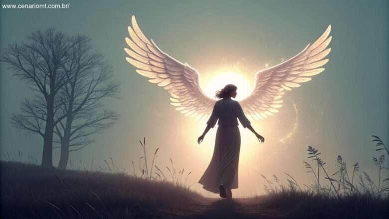 Silhueta de anjo da guarda com uma luz suave e brilhante, transmitindo uma mensagem de proteção e orientação para Capricórnio.