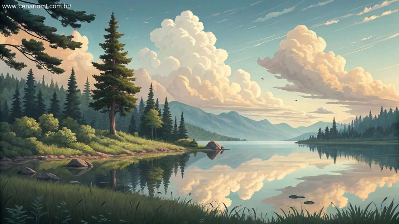Paisagem tranquila com um lago calmo, nuvens suaves e um ambiente sereno, simbolizando um momento favorável para a reflexão.