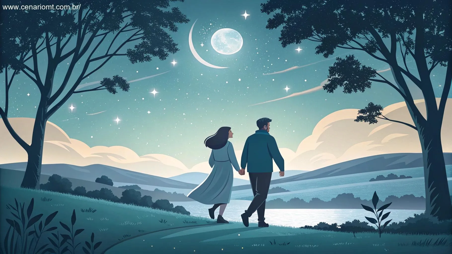 O amor e os relacionamentos de Leão em 31 de janeiro de 2025, com um casal caminhando juntos em um cenário tranquilo sob as estrelas, simbolizando a harmonia.