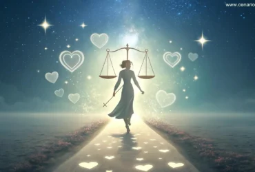 Imagem de Libra representada por uma figura graciosa caminhando por um caminho iluminado, simbolizando amor e conexão.