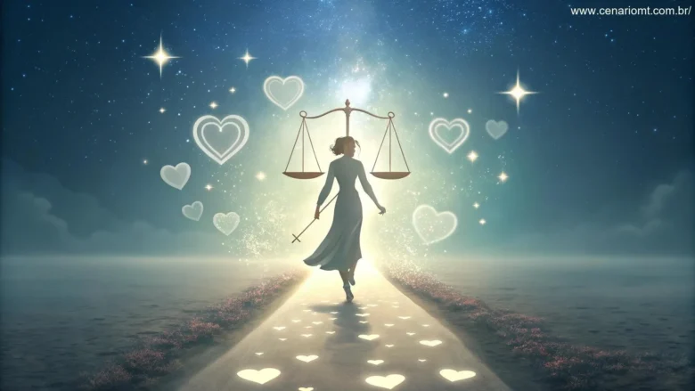 Imagem de Libra representada por uma figura graciosa caminhando por um caminho iluminado, simbolizando amor e conexão.
