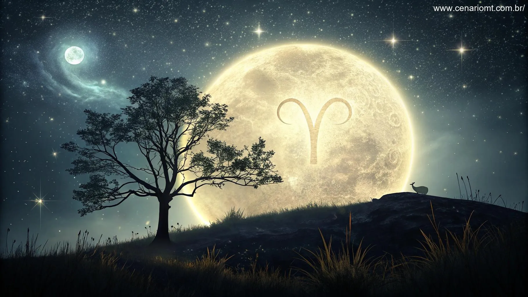 A influência da Lua no signo de Áries, representada com uma lua brilhante.