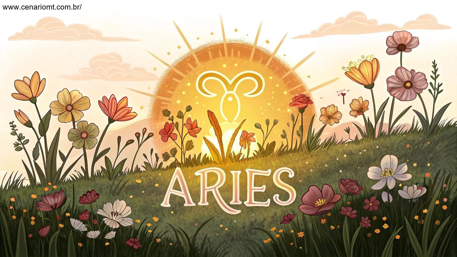 Cenário vibrante simbolizando o início de um novo ciclo para Áries, com um sol nascente, flores desabrochando e o símbolo de Áries brilhante em destaque.