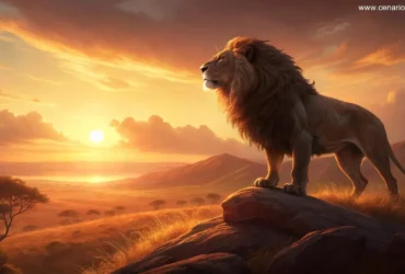 O início do dia para Leão, com a luz suave do amanhecer iluminando um símbolo de leão, pronto para a ação e liderança.