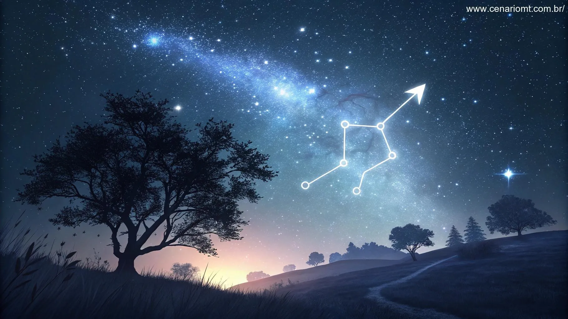 Horóscopo do dia: sábado, 7 de junho 84 Céu estrelado com constelações e o símbolo de Sagitário brilhando intensamente, representando previsões astrológicas para hoje.