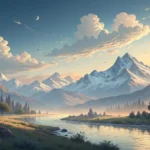 Paisagem tranquila de montanha ao amanhecer, com um rio calmo refletindo a luz suave da manhã.