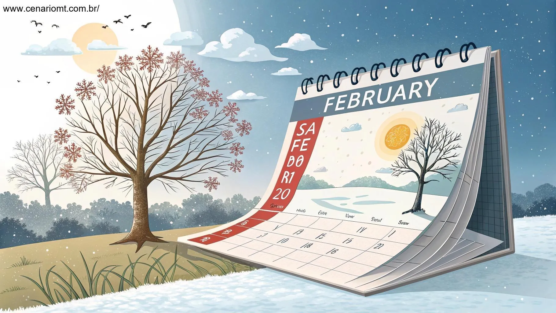 Página de calendário virando para o mês de fevereiro, com elementos simbólicos representando a transição de estação.