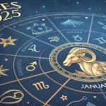 Representação astrológica detalhada para Áries em 31 de janeiro de 2025, com constelações e símbolos zodiacais dourados em fundo azul cósmico.