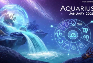 Ilustração futurista com tema de aquário representando a previsão para Aquário em 31 de janeiro de 2025, com elementos de água fluindo, símbolos do zodíaco e padrões de energia cósmica
