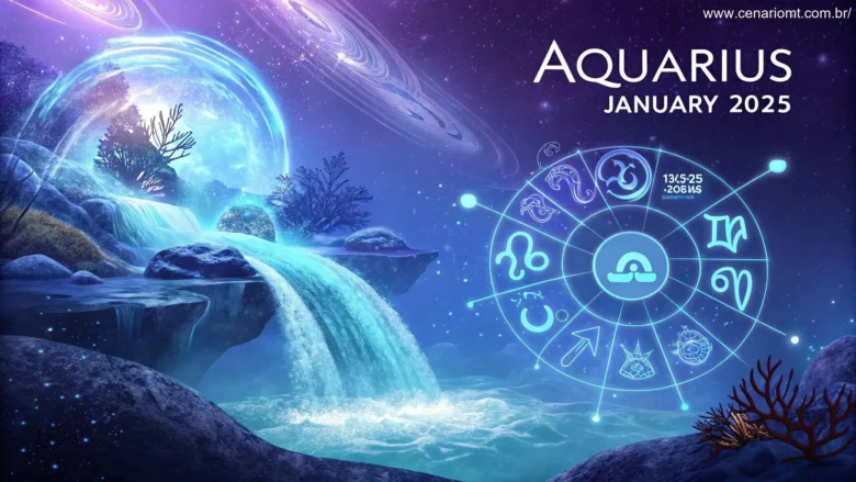 Ilustração futurista com tema de aquário representando a previsão para Aquário em 31 de janeiro de 2025, com elementos de água fluindo, símbolos do zodíaco e padrões de energia cósmica