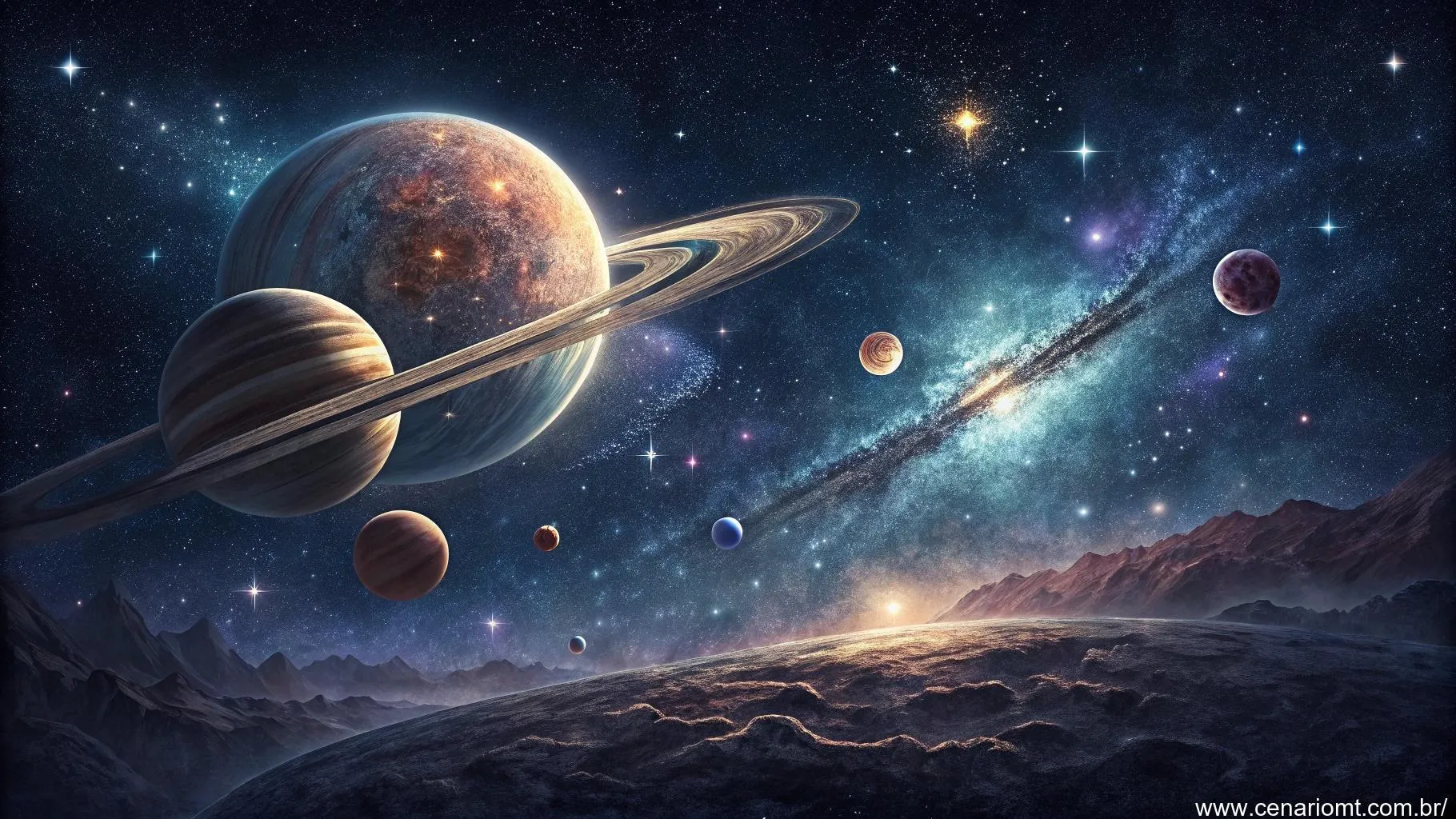 Cena cósmica com estrelas e planetas, representando previsões astrológicas.