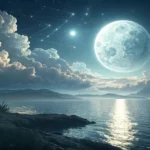 Paisagem mística e serena com uma lua brilhante refletindo no mar calmo, com nuvens suaves ao redor, simbolizando o signo de Câncer para o dia 31 de janeiro de 2025